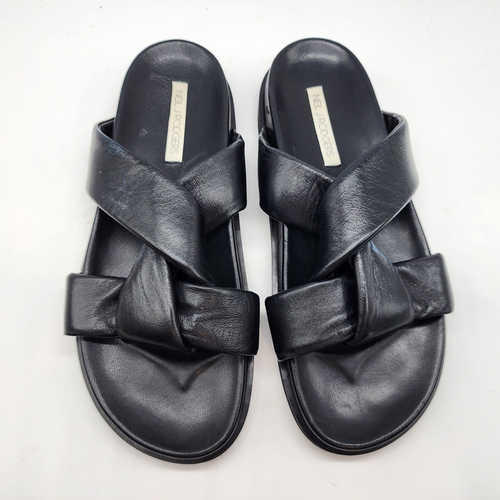 Neil J Rodgers Obi Slide Sandals Womens 38 US 8 Black Leather Made in Italy